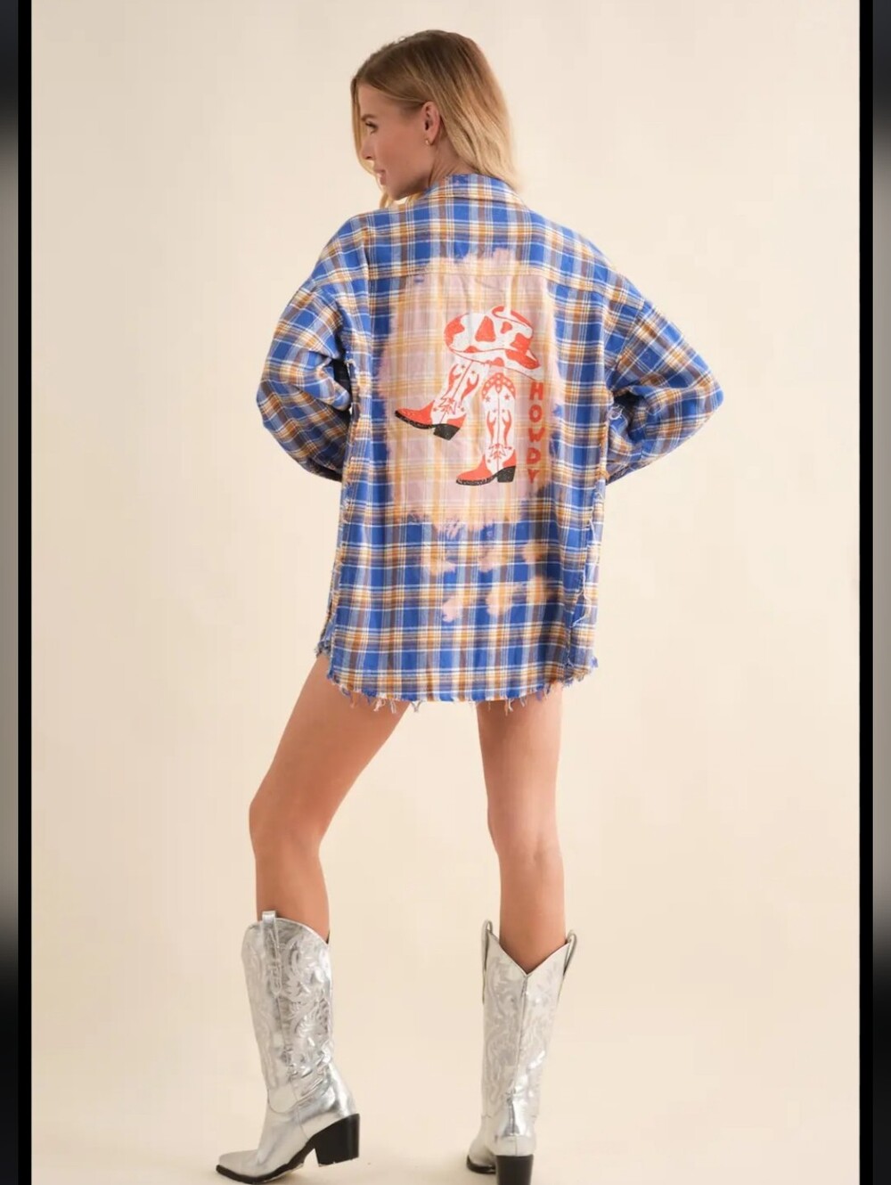 Plaid Button-Down Shirt Shacket with Graphic Back. Multiple Sizes Available